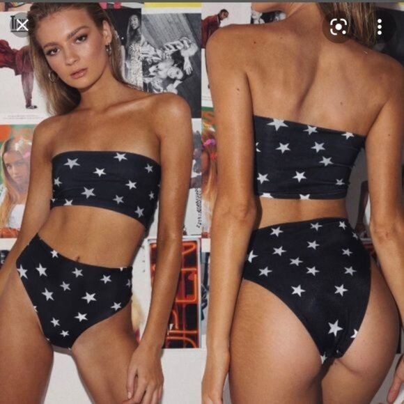 POLLY Black & White Star Print High-Waisted Strapless Bikini Set Size 8 US - Picture 3 of 9